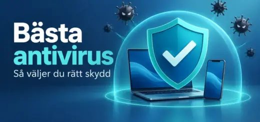 En blå sköld med en bock skyddar en bärbar dator och en mobiltelefon mot virussymboler, intill texten ”Bästa antivirus – Så väljer du rätt skydd”.