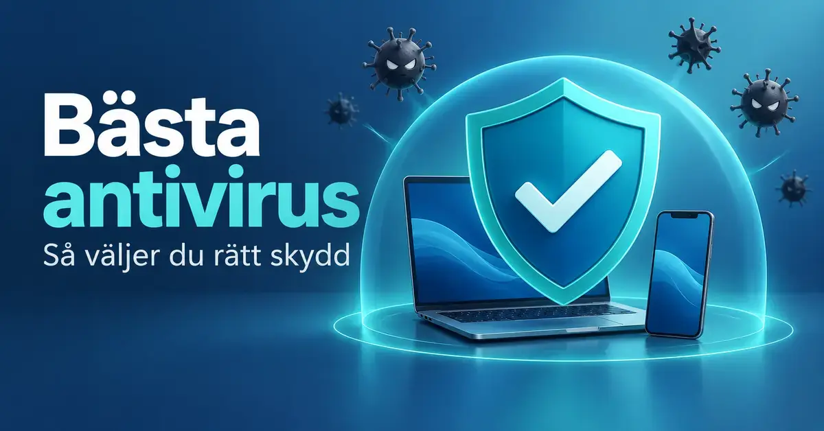 En blå sköld med en bock skyddar en bärbar dator och en mobiltelefon mot virussymboler, intill texten ”Bästa antivirus – Så väljer du rätt skydd”.