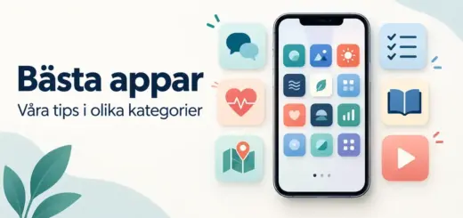 Illustration med rubriken ”Bästa appar” och en mobiltelefon omgiven av symboler för kommunikation, produktivitet, hälsa, lärande, underhållning och resor.