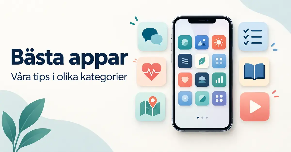 Illustration med rubriken ”Bästa appar” och en mobiltelefon omgiven av symboler för kommunikation, produktivitet, hälsa, lärande, underhållning och resor.