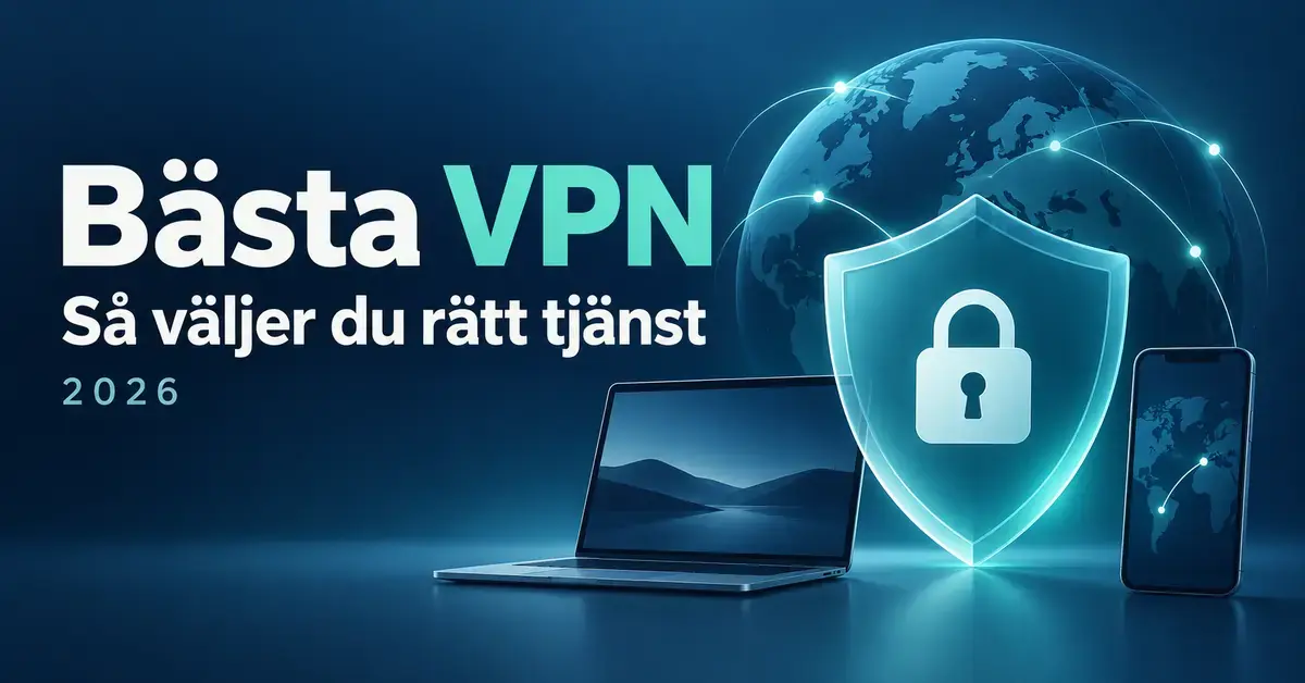 Illustration av en sköld med hänglås, en jordglob, en dator och en mobil med texten ”Bästa VPN – Så väljer du rätt tjänst 2026”.