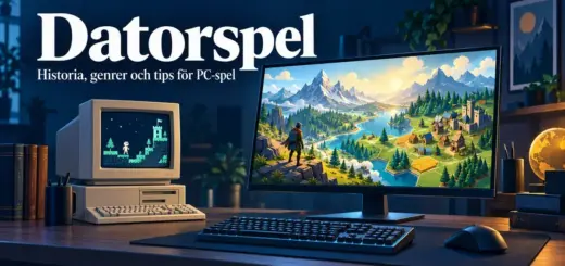 En äldre dator med pixelspel bredvid en modern PC med ett äventyrs- och strategilandskap på skärmen under rubriken Datorspel.