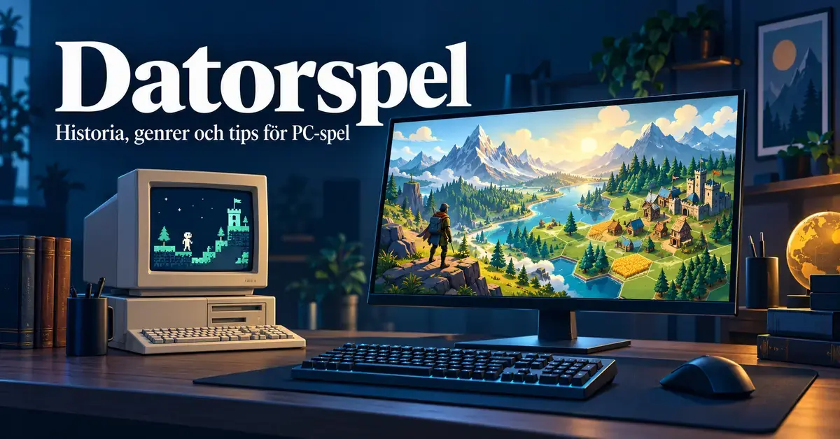 En äldre dator med pixelspel bredvid en modern PC med ett äventyrs- och strategilandskap på skärmen under rubriken Datorspel.