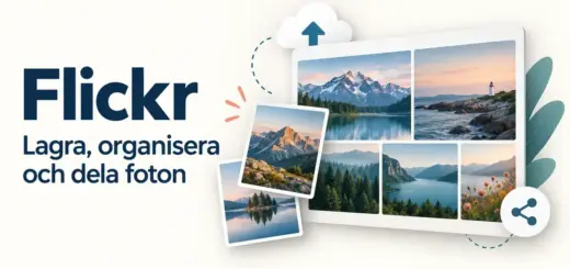 Illustration av ett fotogalleri med landskapsbilder och symboler för molnlagring och delning bredvid texten ”Flickr – Lagra, organisera och dela foton”.