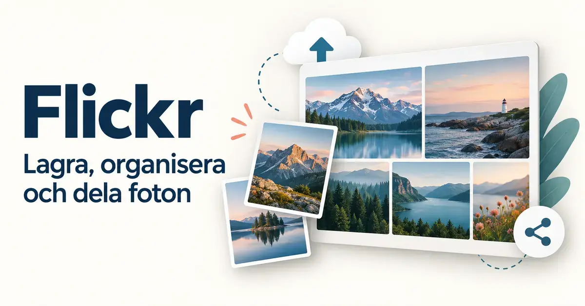 Illustration av ett fotogalleri med landskapsbilder och symboler för molnlagring och delning bredvid texten ”Flickr – Lagra, organisera och dela foton”.