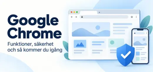 Illustration av ett webbläsarfönster, en mobil och en blå säkerhetssköld bredvid texten ”Google Chrome – Funktioner, säkerhet och så kommer du igång”.