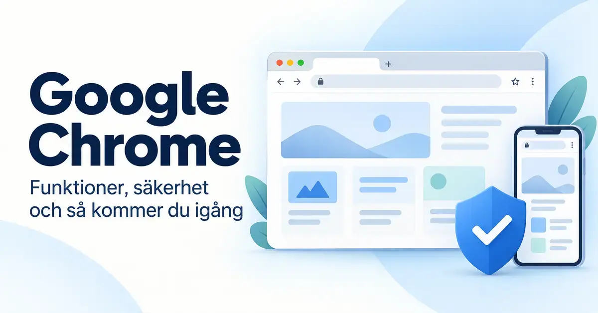 Illustration av ett webbläsarfönster, en mobil och en blå säkerhetssköld bredvid texten ”Google Chrome – Funktioner, säkerhet och så kommer du igång”.