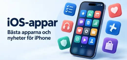 Illustration av en iPhone med färgglada appikoner för produktivitet, underhållning, säkerhet, hälsa, resor och appbutiker samt texten ”iOS-appar – Bästa apparna och nyheter för iPhone”.