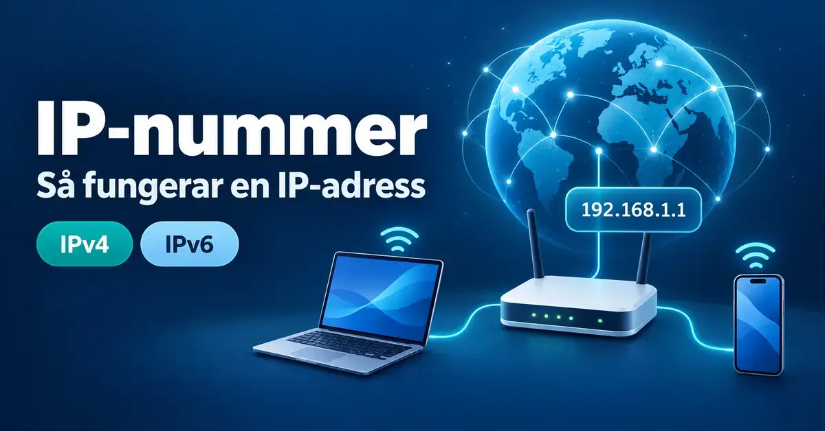 Illustration av en router som kopplar en dator och en mobil till internet, med IP-adressen 192.168.1.1 och beteckningarna IPv4 och IPv6.