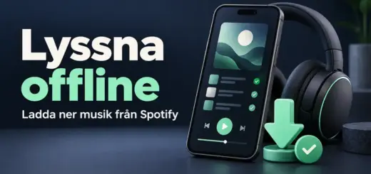 Mobiltelefon med nedladdad musik, hörlurar och en grön nedladdningspil intill texten ”Lyssna offline – Ladda ner musik från Spotify”.