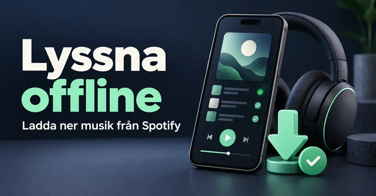 Mobiltelefon med nedladdad musik, hörlurar och en grön nedladdningspil intill texten ”Lyssna offline – Ladda ner musik från Spotify”.