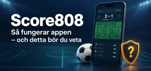 Illustration av Score808 med en mobil som visar fotbollsresultat, en fotboll och en sköld med frågetecken som symboliserar frågor om appens säkerhet och laglighet.