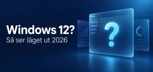 Blå grafik med texten ”Windows 12? Så ser läget ut 2026” och ett lysande frågetecken på en stiliserad gränssnittspanel.