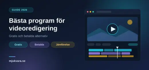 Grafik med rubriken "Bästa program för videoredigering" och ett stiliserat videoredigeringsprogram med förhandsvisning, uppspelningsknapp och färgglad tidslinje.