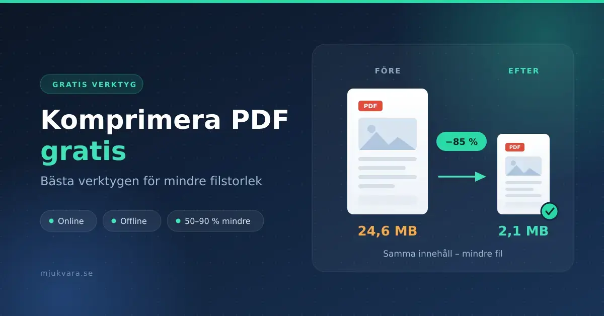 Illustration som visar hur en PDF-fil krymper från 24,6 MB till 2,1 MB, med texten "Komprimera PDF gratis – bästa verktygen för mindre filstorlek".