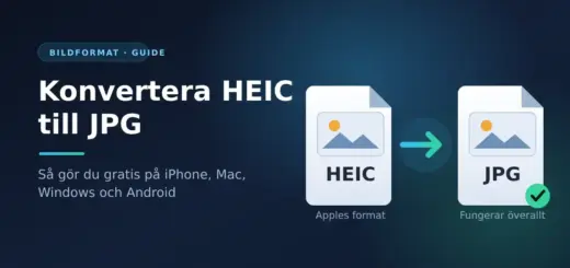 Grafik med rubriken ”Konvertera HEIC till JPG” där en HEIC-fil omvandlas till en JPG-fil via en pil, med texten att det fungerar gratis på iPhone, Mac, Windows och Android.