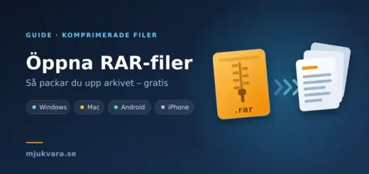 Illustration av ett RAR-arkiv med blixtlås som packas upp till flera dokument, med rubriken "Öppna RAR-filer" och etiketterna Windows, Mac, Android och iPhone.