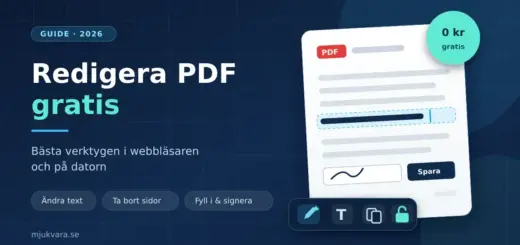 Grafik med rubriken "Redigera PDF gratis" bredvid ett PDF-dokument där en textrad markeras för redigering, med verktygsikoner för penna, text, sidor och upplåsning samt en märkning om att det kostar 0 kr.