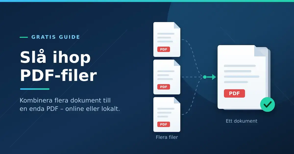 Illustration där tre PDF-filer slås ihop till ett enda dokument, med rubriken ”Slå ihop PDF-filer”.
