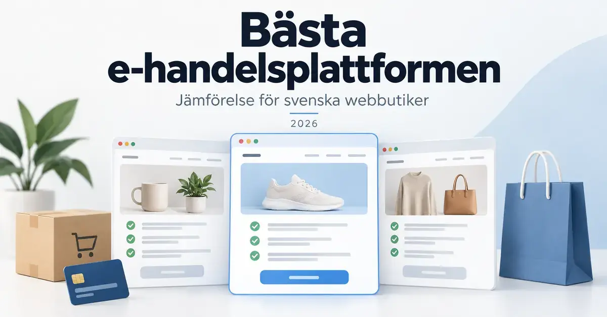 Illustration av tre webbutiker med produktbilder och checklistor samt paket, betalkort och shoppingpåse under rubriken ”Bästa e-handelsplattformen”.