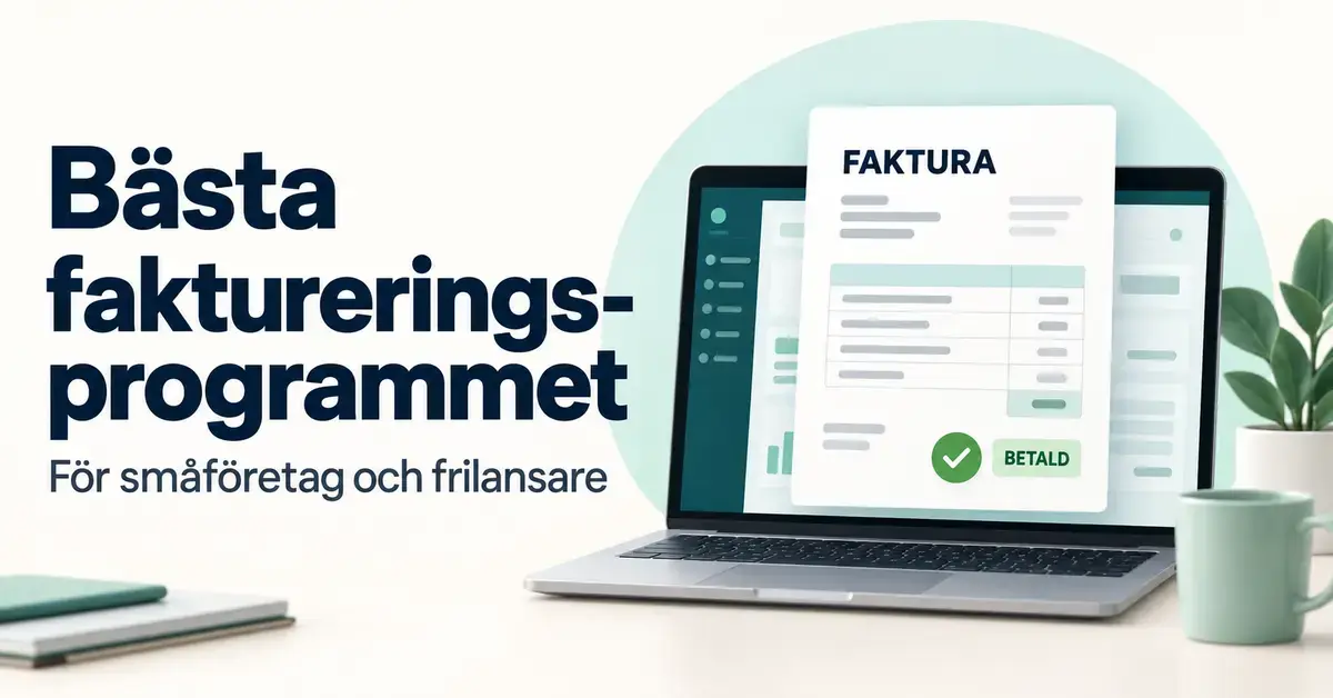 Illustration av en bärbar dator med ett faktureringsprogram och en faktura markerad som betald, intill texten ”Bästa faktureringsprogrammet – För småföretag och frilansare”.
