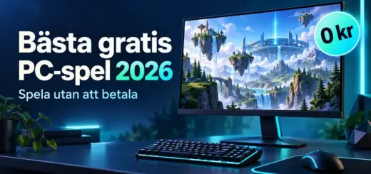 Illustration av en speldator med ett fantasifullt spellandskap på skärmen, texten ”Bästa gratis PC-spel 2026” och en märkning med ”0 kr”.