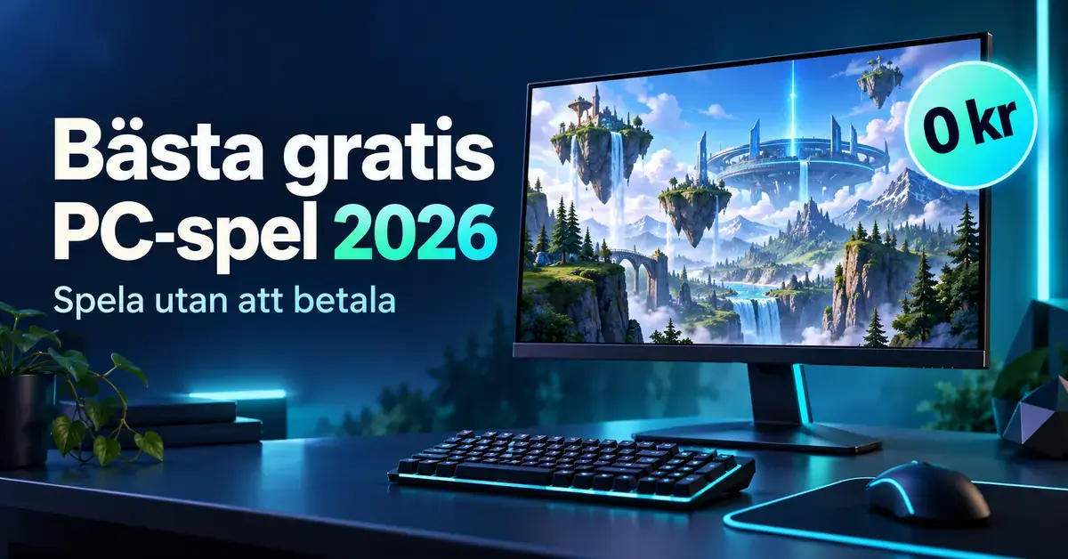 Illustration av en speldator med ett fantasifullt spellandskap på skärmen, texten ”Bästa gratis PC-spel 2026” och en märkning med ”0 kr”.