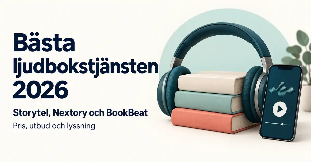 Hörlurar, böcker och en mobil med ljudboksspelare illustrerar jämförelsen av Storytel, Nextory och BookBeat som bästa ljudbokstjänsten 2026.