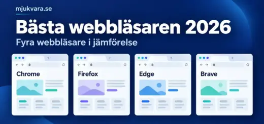 Fyra stiliserade webbläsarfönster märkta Chrome, Firefox, Edge och Brave under rubriken ”Bästa webbläsaren 2026” på mörkblå bakgrund.