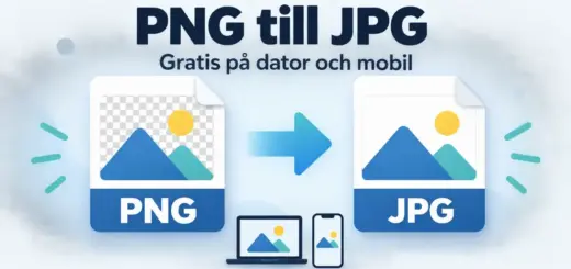 Illustration av en PNG-bild med genomskinlig bakgrund som konverteras till JPG med vit bakgrund, tillsammans med en dator och en mobil.