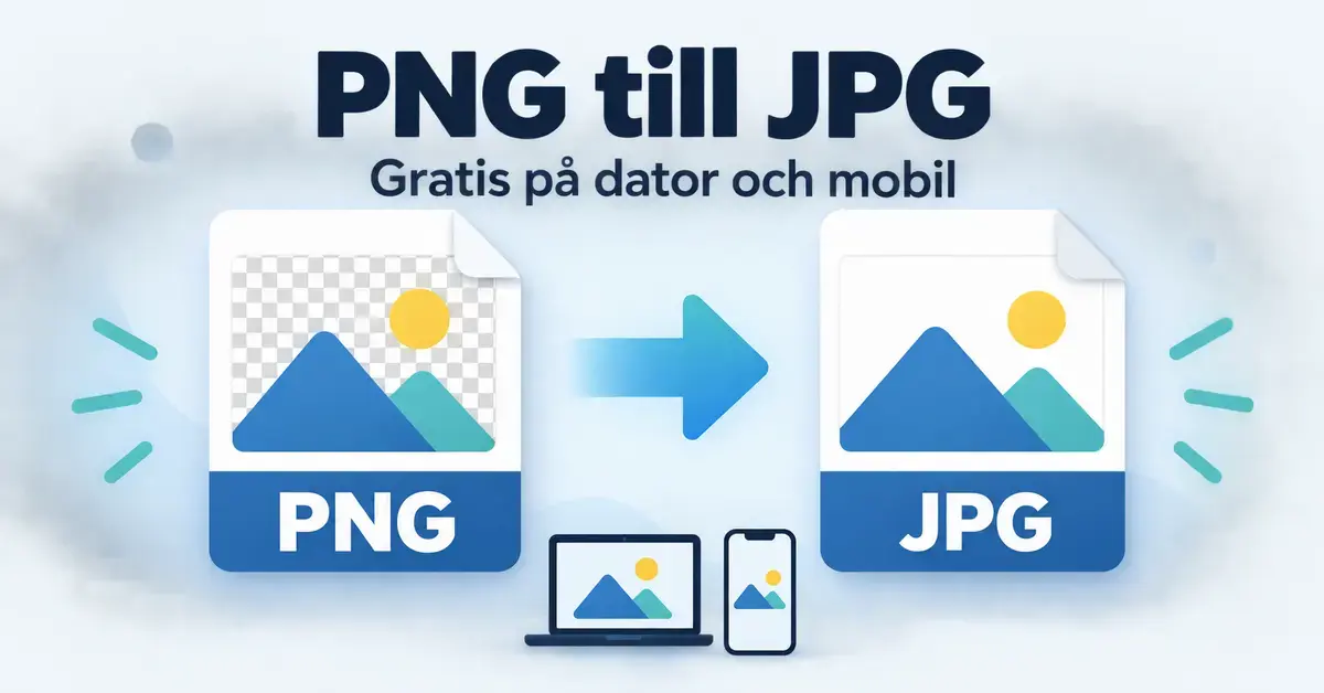 Illustration av en PNG-bild med genomskinlig bakgrund som konverteras till JPG med vit bakgrund, tillsammans med en dator och en mobil.