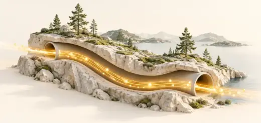 Ljus illustration av en gyllene dataström genom en tunnel under ett nordiskt kustlandskap, som symboliserar en skyddad anslutning med Mullvad VPN.