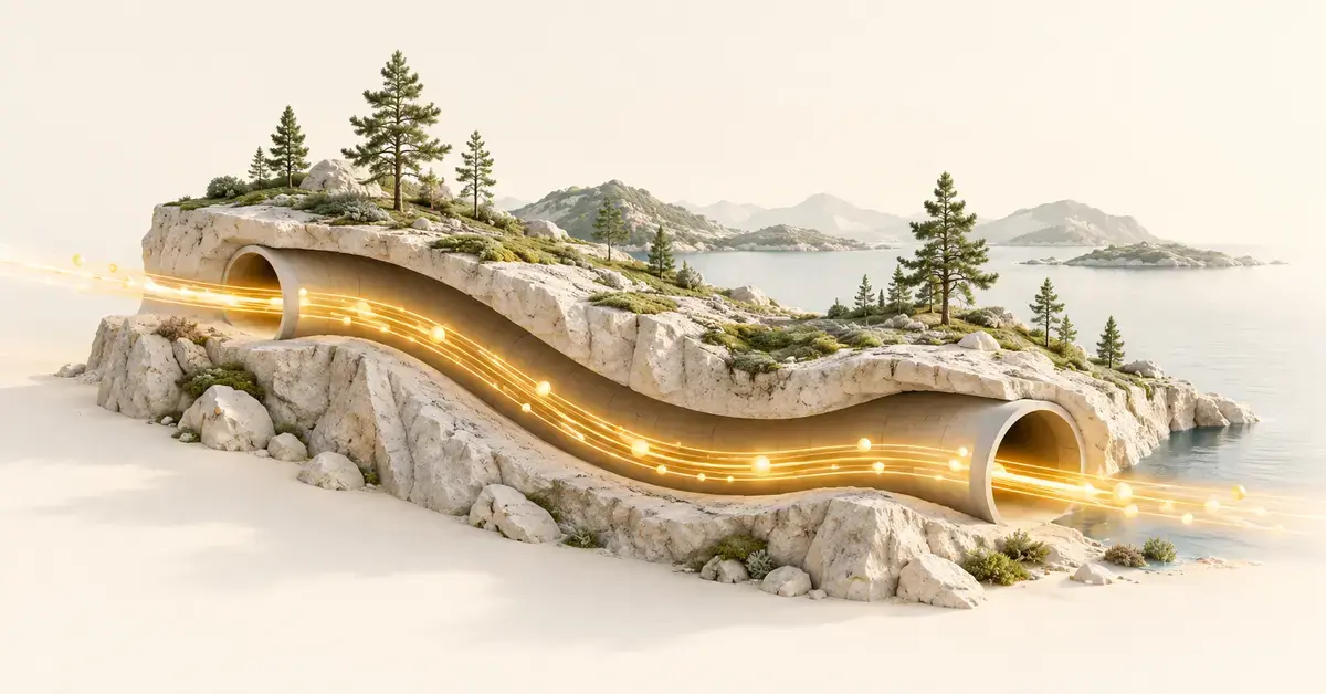 Ljus illustration av en gyllene dataström genom en tunnel under ett nordiskt kustlandskap, som symboliserar en skyddad anslutning med Mullvad VPN.