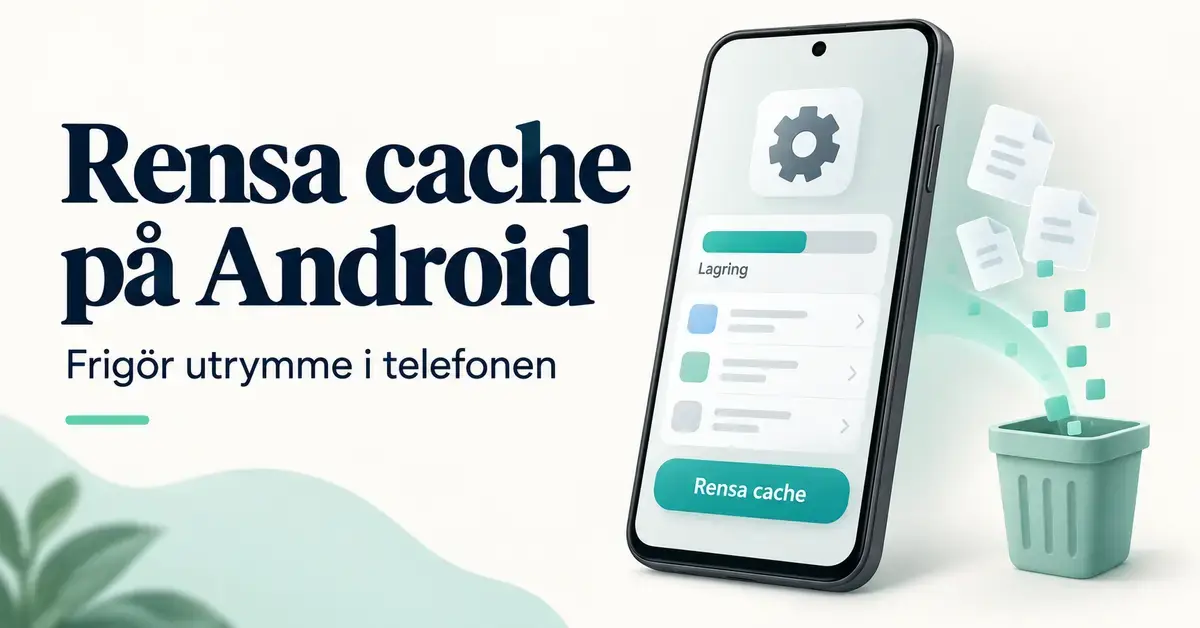 Illustration av en Android-telefon med knappen ”Rensa cache” och tillfälliga filer som försvinner i en papperskorg för att frigöra lagringsutrymme.