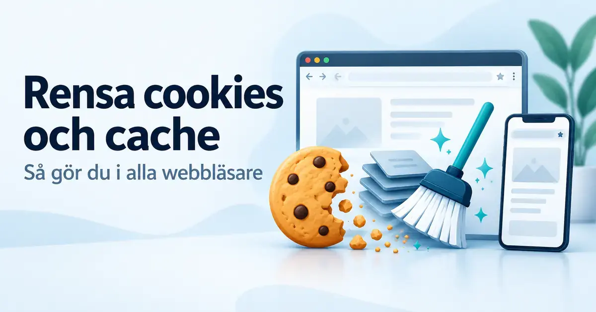 Illustration av en webbläsare och en mobil med en kaka, cachefiler och en sopborste som symboliserar rensning av cookies och cache.