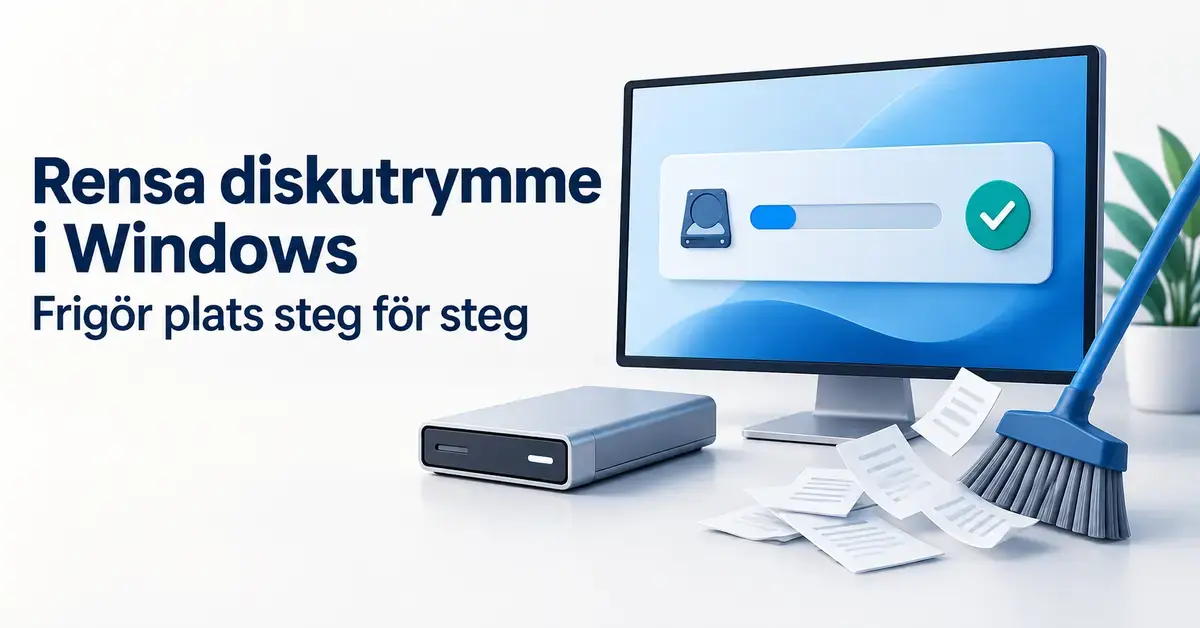 Illustration av en datorskärm med ledigt lagringsutrymme, en extern enhet och en sopborste som symboliserar rensning av onödiga filer i Windows.