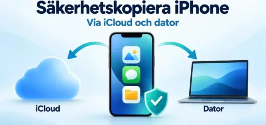 Illustration av en iPhone med pilar till iCloud och en dator samt en sköld med en bock som symboliserar säkerhetskopiering.