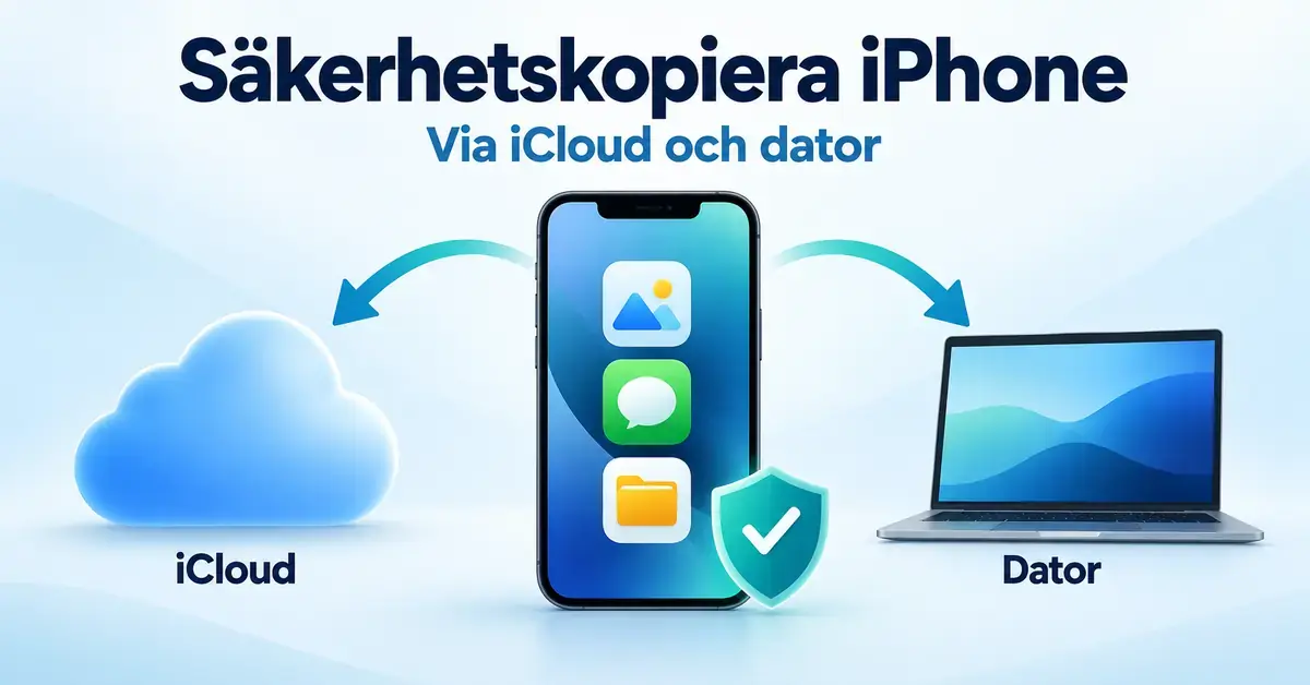 Illustration av en iPhone med pilar till iCloud och en dator samt en sköld med en bock som symboliserar säkerhetskopiering.