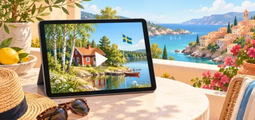 En surfplatta visar en svensk sommaridyll med en uppspelningssymbol på en solig terrass vid Medelhavet, som illustration av att se svensk TV utomlands.