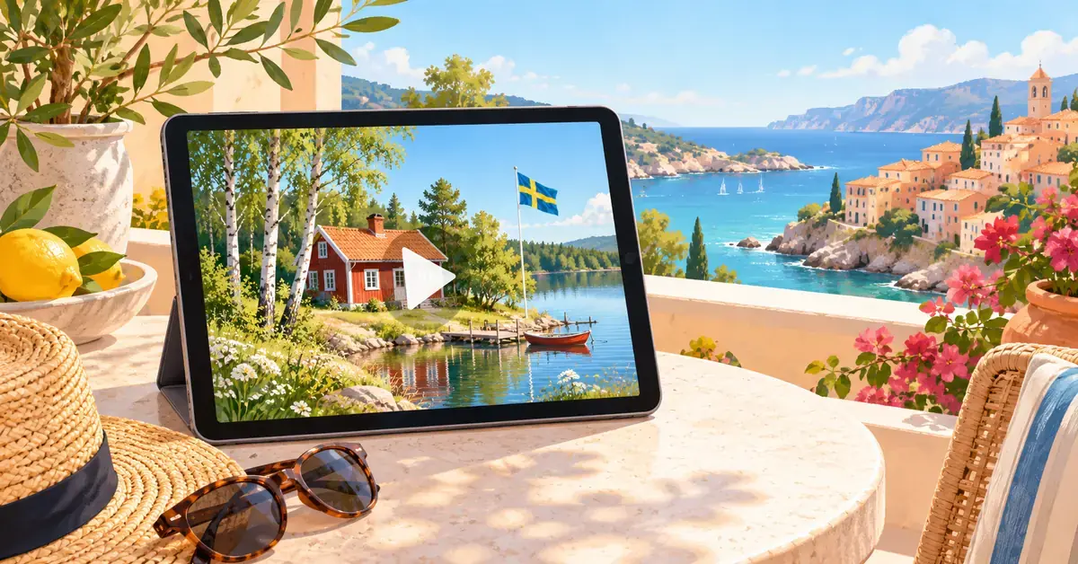 En surfplatta visar en svensk sommaridyll med en uppspelningssymbol på en solig terrass vid Medelhavet, som illustration av att se svensk TV utomlands.