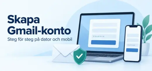 Illustration av en dator och en mobil med kontoformulär, ett kuvert och en säkerhetssköld intill texten ”Skapa Gmail-konto – steg för steg på dator och mobil”.