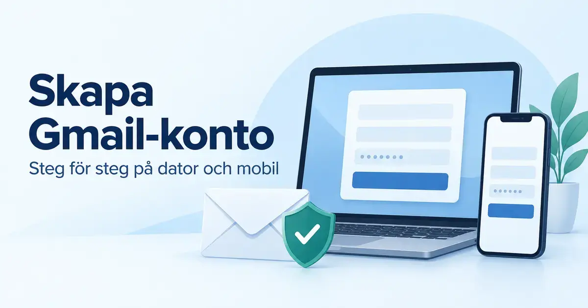 Illustration av en dator och en mobil med kontoformulär, ett kuvert och en säkerhetssköld intill texten ”Skapa Gmail-konto – steg för steg på dator och mobil”.