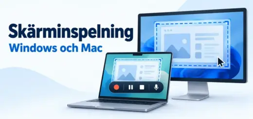 Illustration av en bildskärm och en bärbar dator med markerade inspelningsområden och inspelningskontroller samt texten ”Skärminspelning – Windows och Mac”.