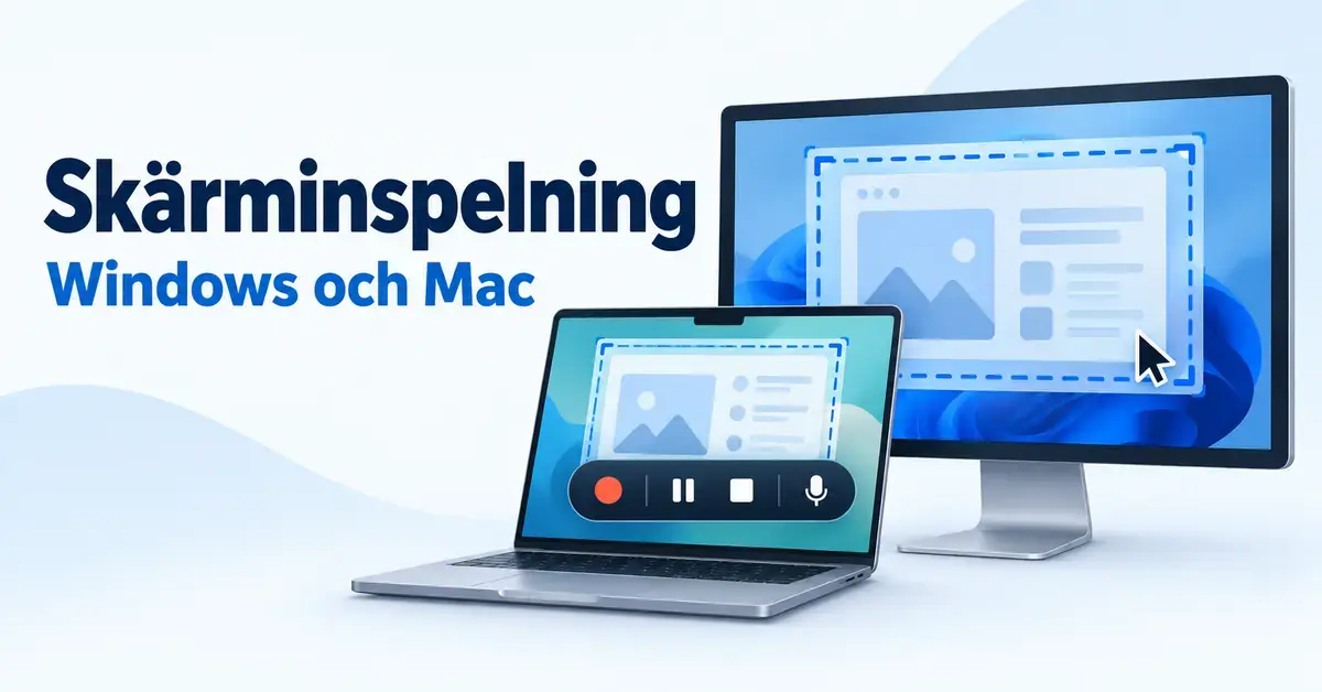 Illustration av en bildskärm och en bärbar dator med markerade inspelningsområden och inspelningskontroller samt texten ”Skärminspelning – Windows och Mac”.