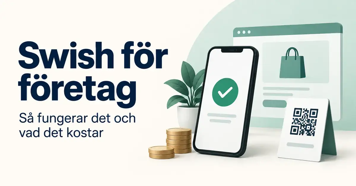 Illustration om Swish för företag med en mobil som visar en godkänd betalning, en QR-skylt, en webbutik och mynt.