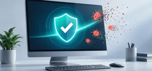 En datorskärm med en turkos skyddssköld och en bock medan röda virussymboler löses upp, som en illustration av virusrensning på en PC.