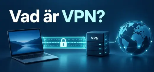 Illustration av en bärbar dator som ansluter till internet via en krypterad tunnel och en VPN-server, med rubriken ”Vad är VPN?”.