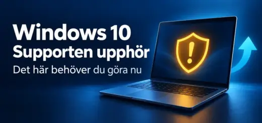 En bärbar dator med en gul varningssköld och en blå uppåtpil bredvid texten ”Windows 10 – Supporten upphör – Det här behöver du göra nu”.
